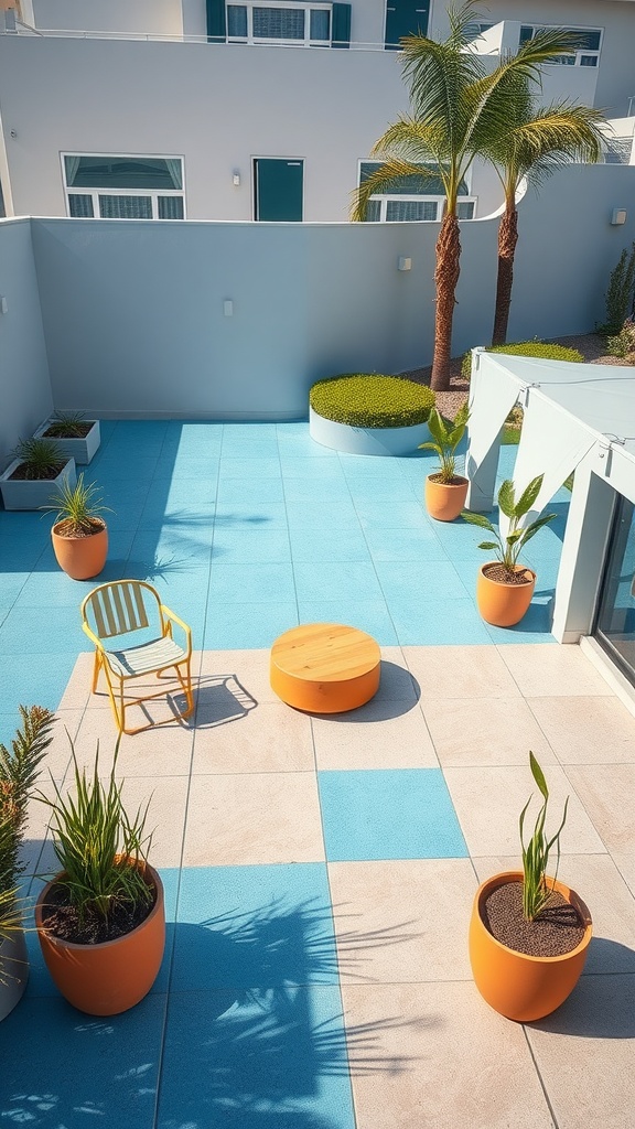 A vibrant outdoor space with azure blue concrete flooring, orange planters, and green plants.