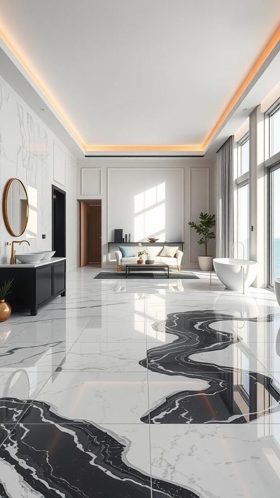 A luxurious living room featuring heated marble floors with black veining, large windows, and modern decor.