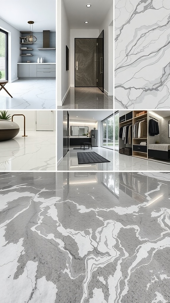 A collage of various stylish epoxy flooring designs showcasing high-gloss finishes, metallic patterns, and elegant styles for different areas in a home.
