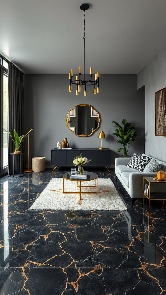 A stylish epoxy floor with a mix of earthy tones and a circular design element, showcasing its versatility in a modern setting.