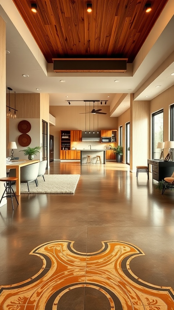A modern living space featuring rustic cement floors with a detailed design, wooden beams, and natural light.
