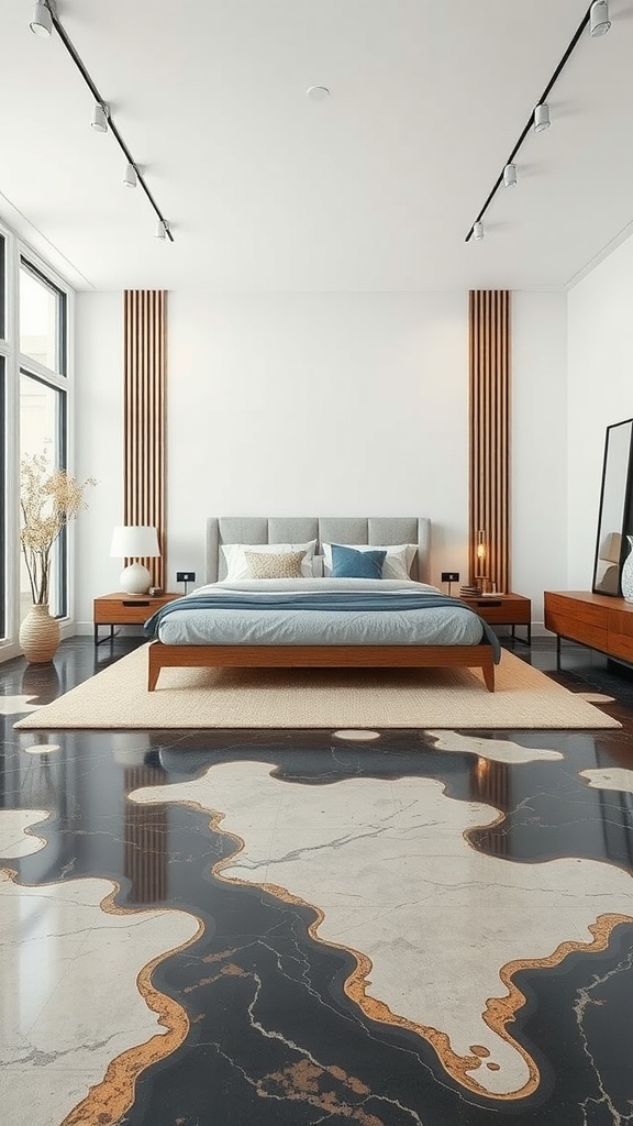 A modern bedroom featuring epoxy concrete floors with a unique pattern.
