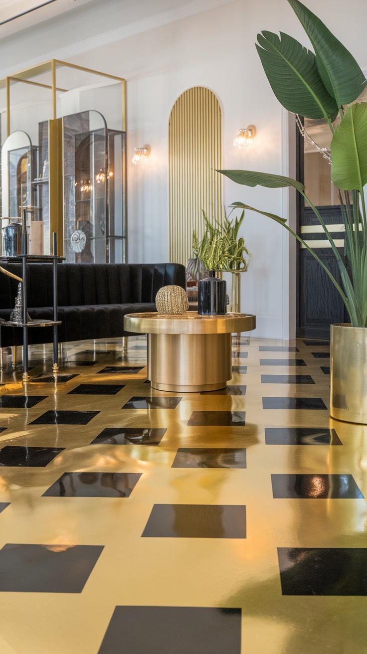 An elegant room featuring gold and black epoxy floors with geometric patterns, complemented by modern decor and green plants.