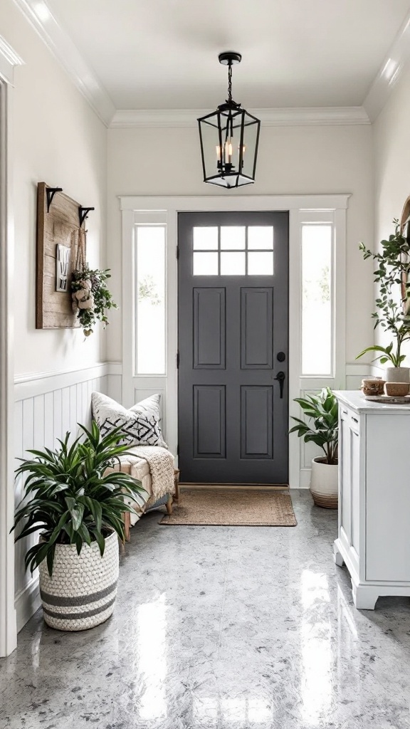A stylish entryway with a dark front door, potted plants, and a cozy bench.