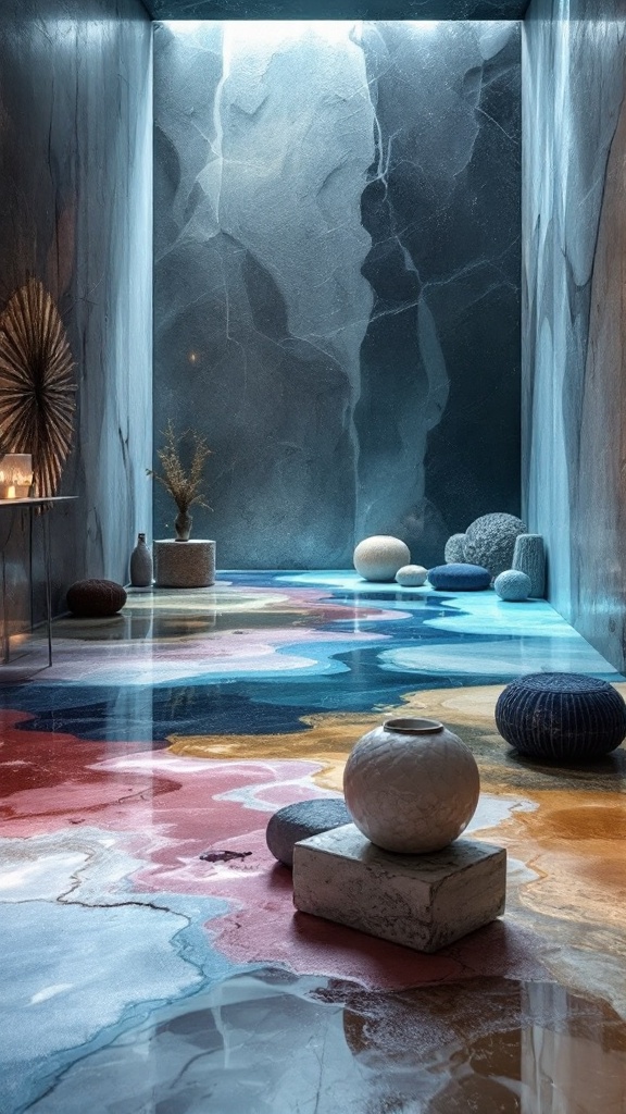 A multisensory space with colorful flooring and unique decor elements.