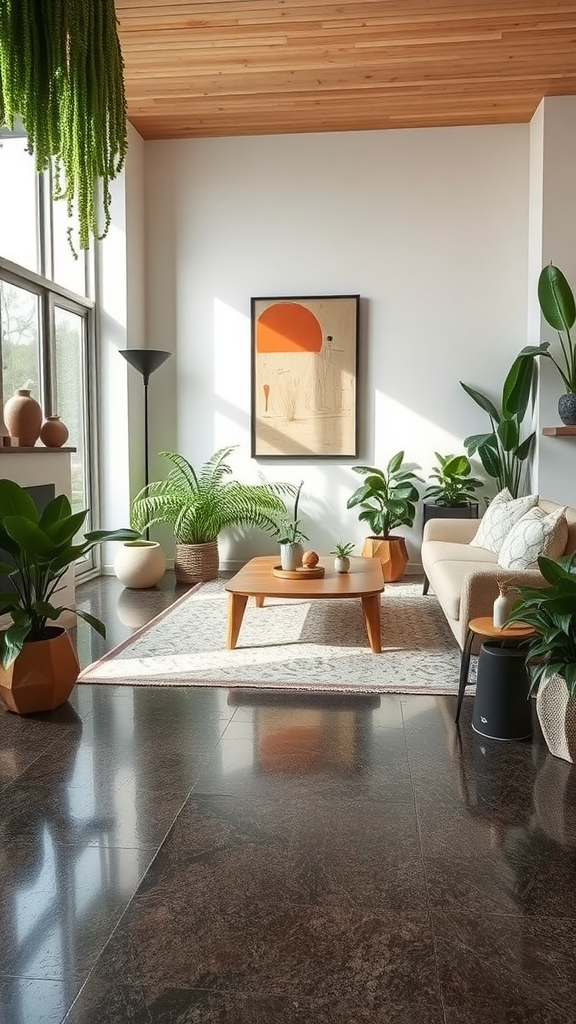 Stylish living room with epoxy flooring featuring custom patterns and textures