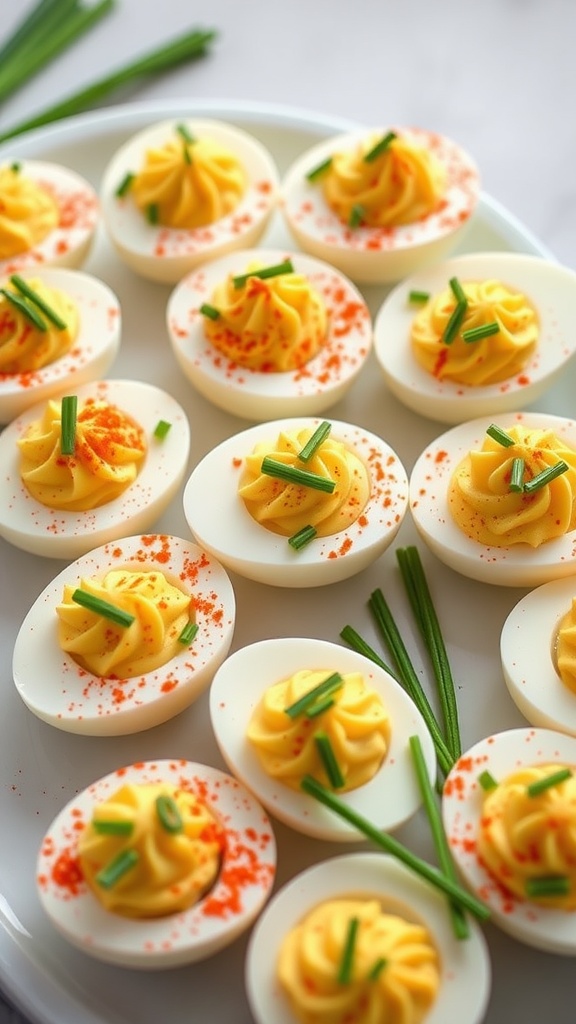 A plate of beautifully arranged deviled eggs topped with paprika and chives.