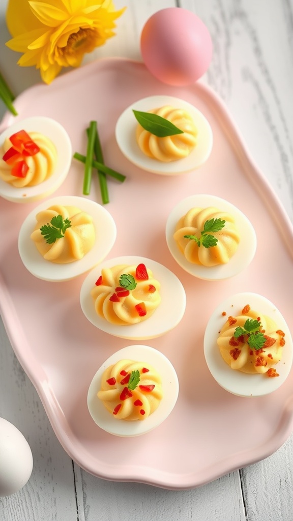 Delicious deviled eggs topped with colorful ingredients on a pink platter