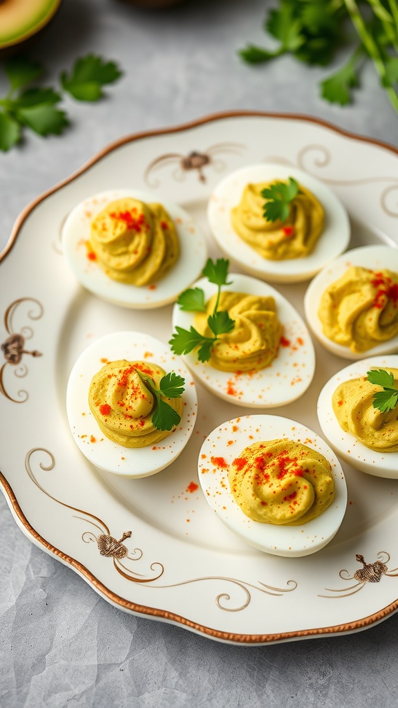 Deviled eggs with avocado filling garnished with paprika and parsley.