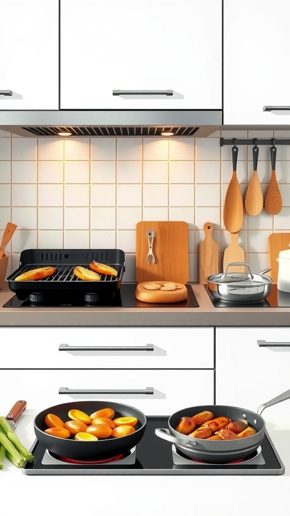 Kitchen with pots and pans on stove, featuring grilled food and vegetables.