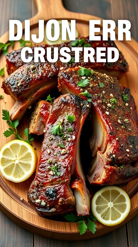 Dijon Herb Crusted Ribs on a wooden platter with lemon slices and herbs