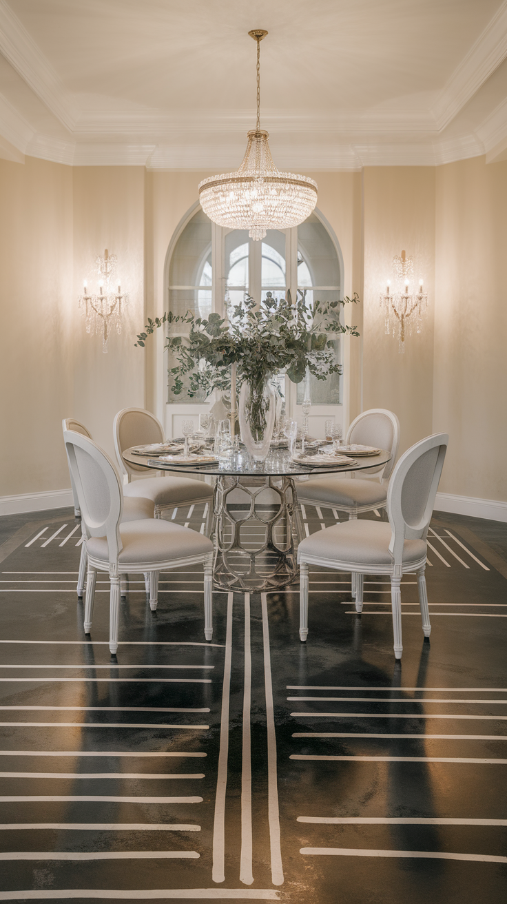 Dining room featuring a round glass table, elegant chairs, and a striking artistic epoxy floor finish.