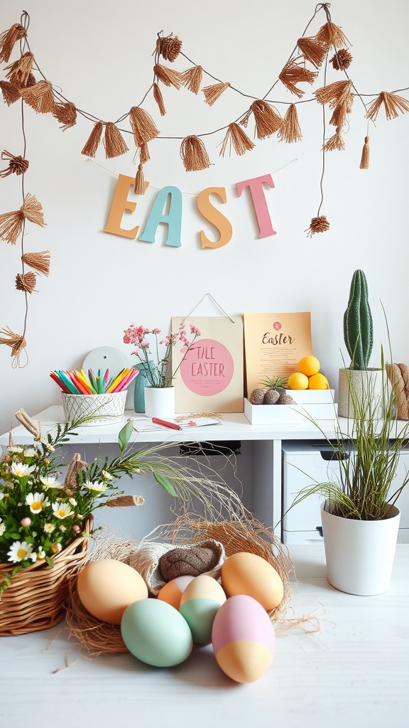 Colorful DIY Easter decorations featuring decorated eggs and flowers.