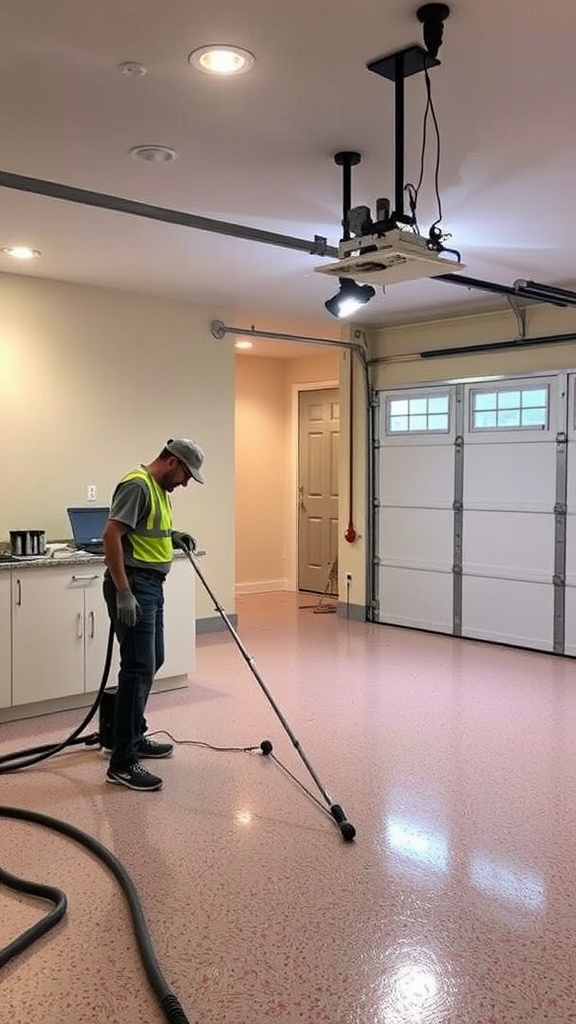 Two people applying epoxy flooring in a garage, showcasing a DIY project.