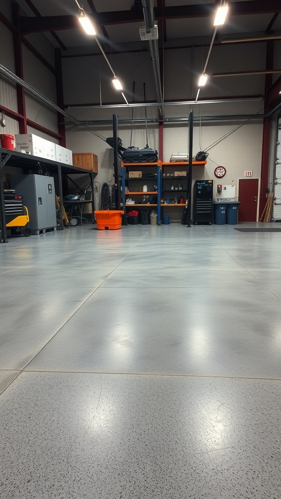 A man cleaning a polished concrete floor in a well-lit interior space.