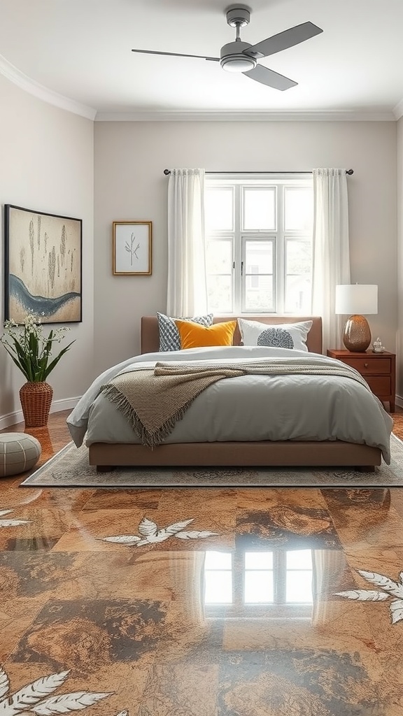 A cozy bedroom with wooden furniture, bedding, and scattered tools for a DIY epoxy flooring project.