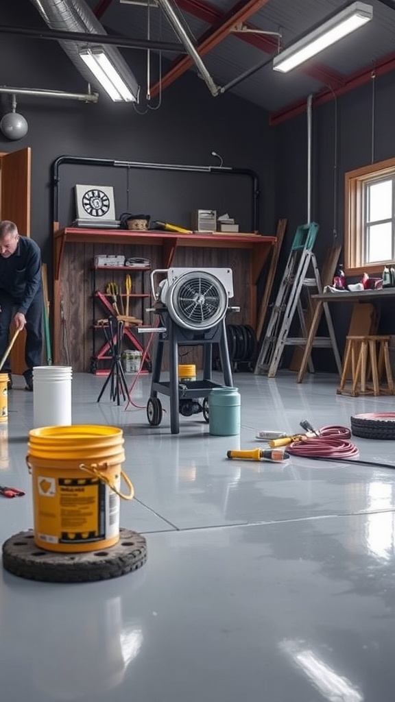 A person applying epoxy flooring in a modern space with a marble finish.