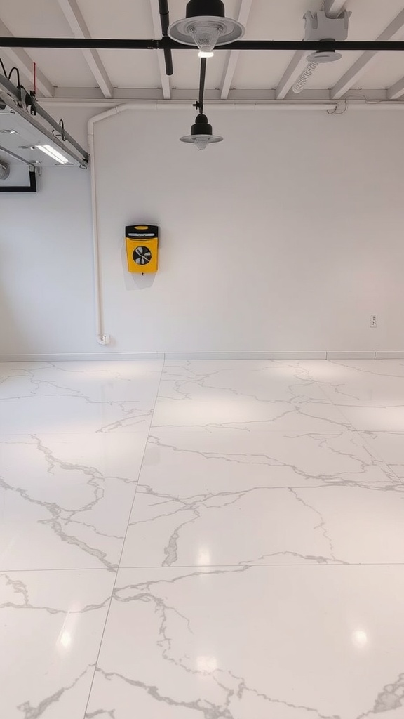 A comparison of two epoxy garage floor designs: one with a checkered pattern and logo, and the other with a vibrant red finish.