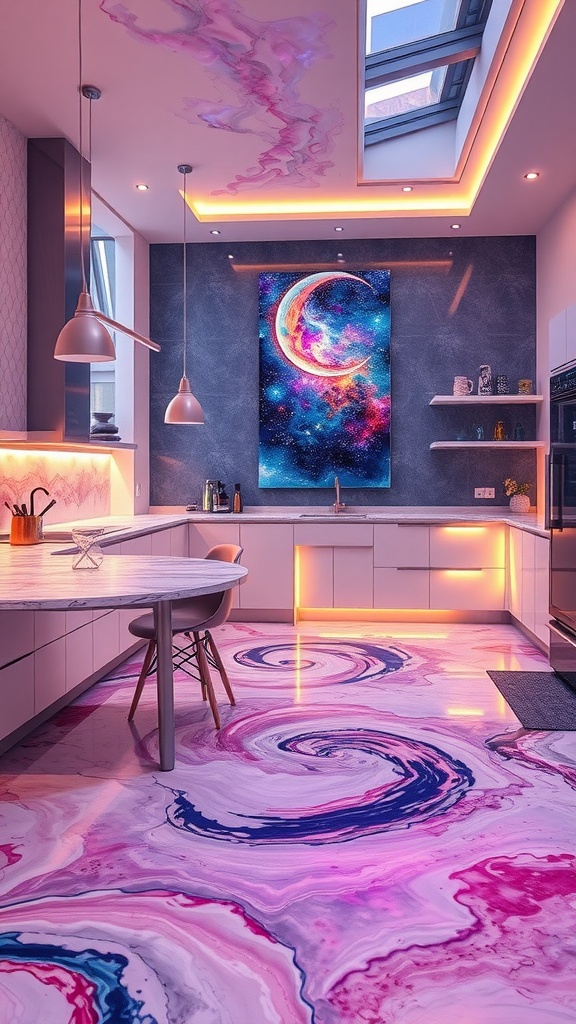 A modern kitchen featuring a colorful resin floor with swirling patterns, complemented by sleek cabinetry and contemporary decor.