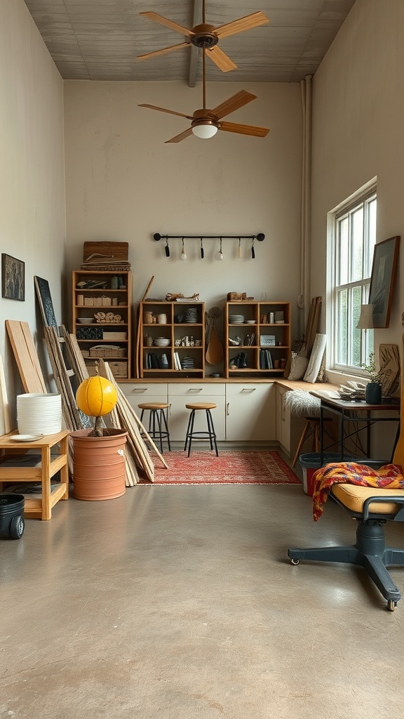 A spacious room with rustic cement flooring, showcasing a blend of wooden furniture and decor.