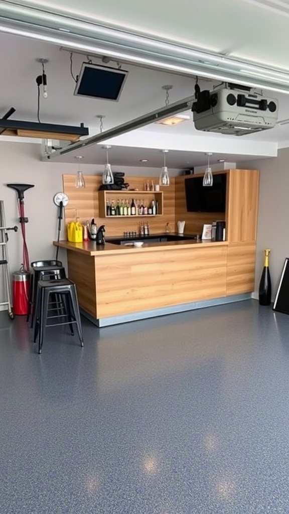 Before and after transformation of a garage bar with epoxy flooring.
