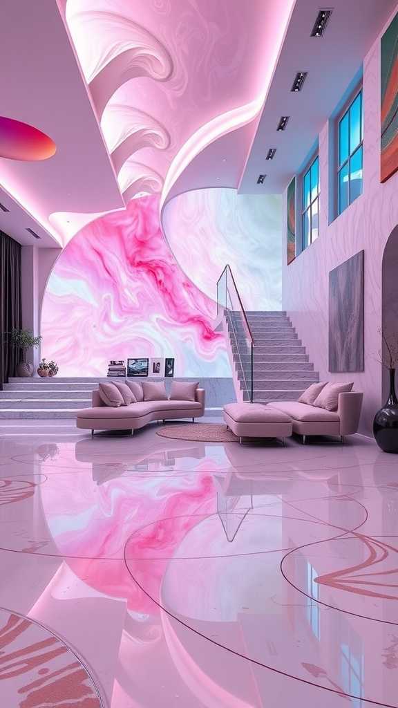 A modern living room with pink and white swirled epoxy flooring and stylish decor.