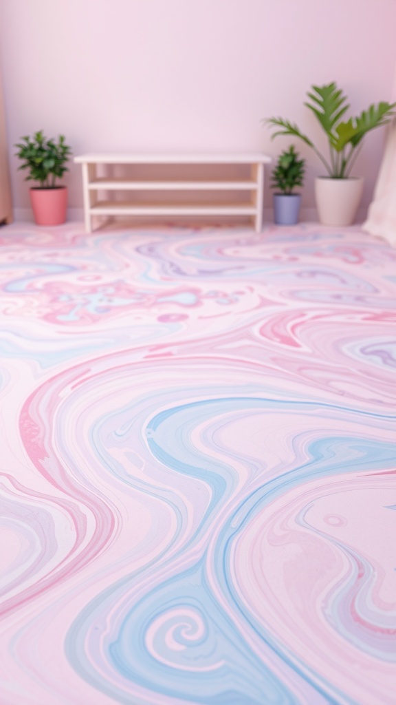 Pastel swirl epoxy floor design with pink and blue hues and potted plants