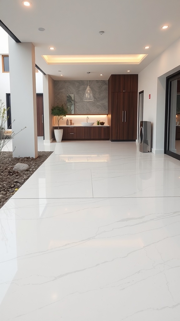 A modern driveway featuring a light grey epoxy floor, showcasing a sleek and polished surface with elegant marble-like patterns.