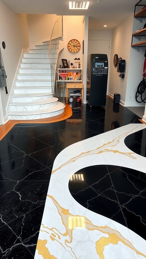 An interior scene featuring a white and gold marble epoxy flooring design alongside a modern staircase.