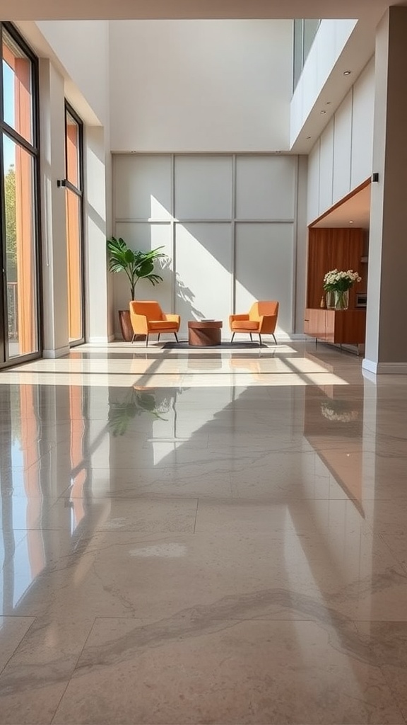 A modern living room with dual-tone epoxy flooring and stylish seating.
