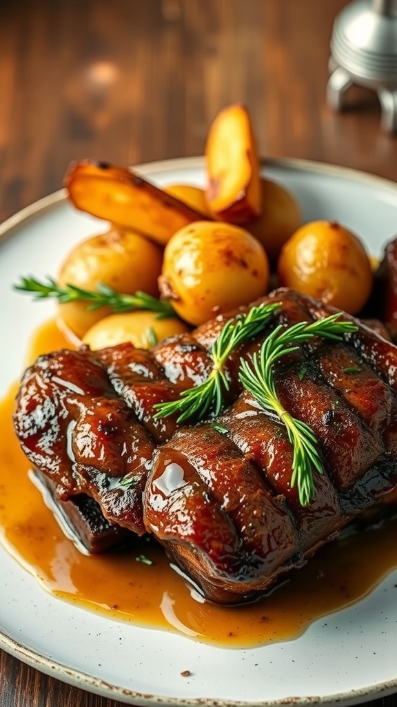 A plate of duck confit served with garlic potatoes, garnished with fresh herbs.