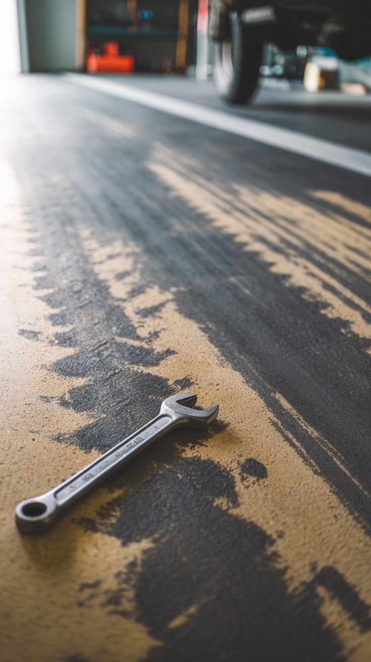 Close-up of a wrench on an epoxy garage floor with visible tire tracks.
