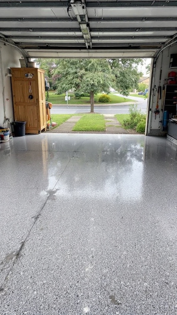Shiny epoxy-coated garage floor with an open garage door.