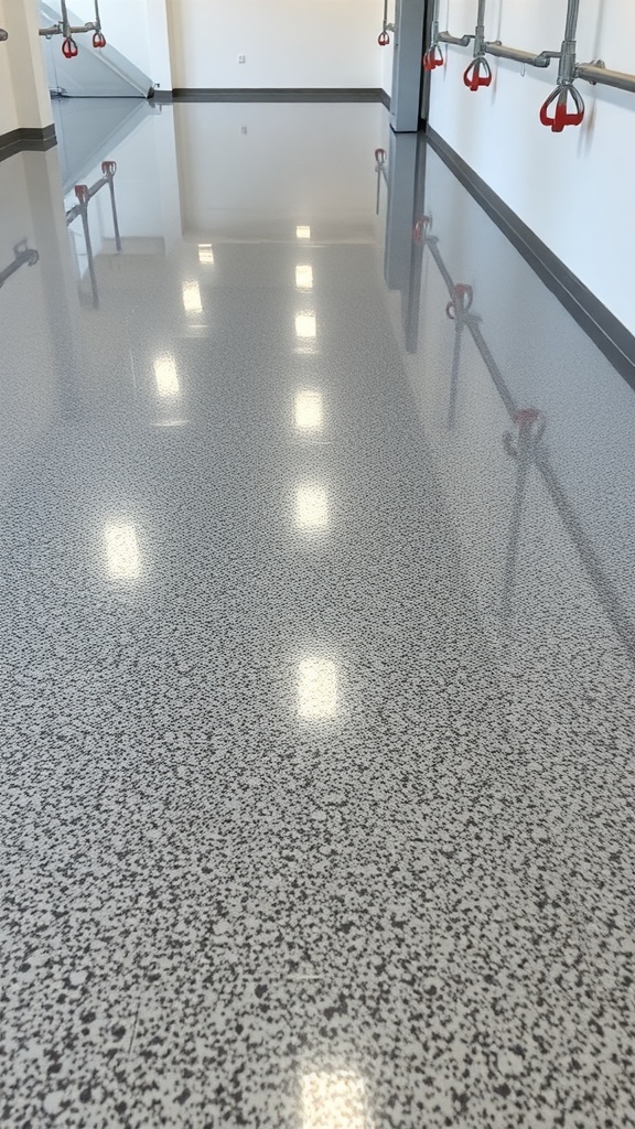 A shiny, polished epoxy floor with a speckled pattern and bright reflections.