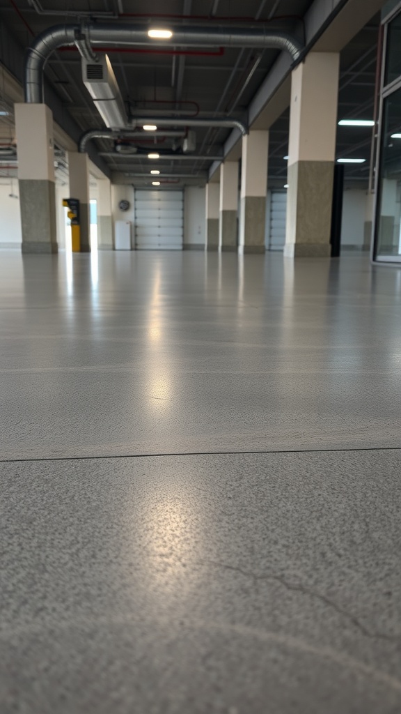 A polished concrete floor in a spacious, well-lit room with pipes and walls in background.