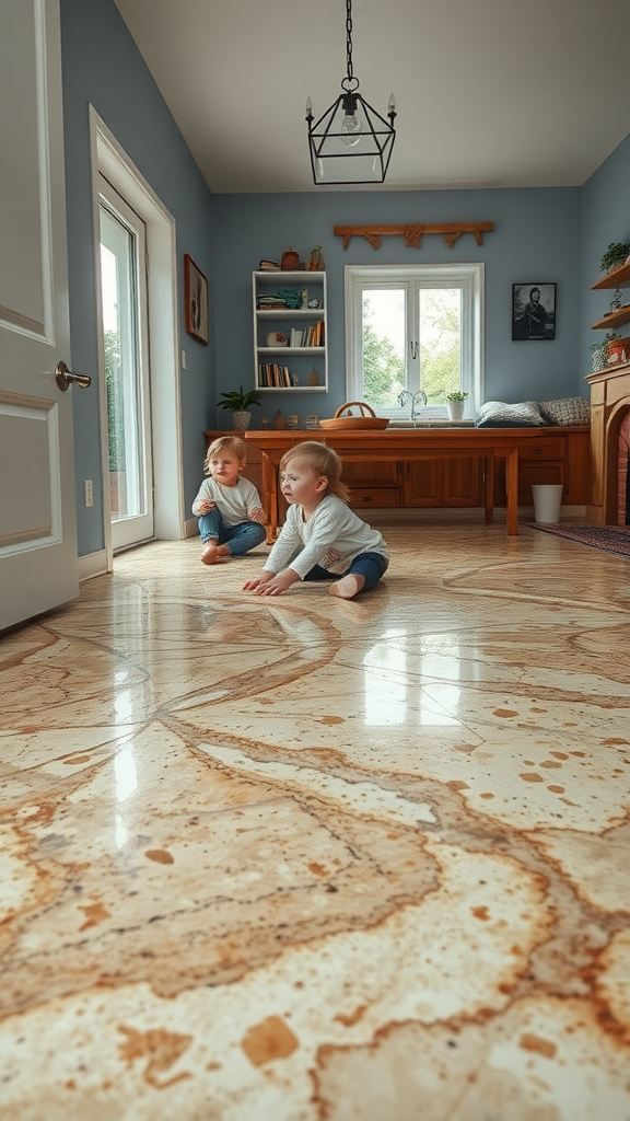 Image of a stylish eco-friendly epoxy floor in a cozy living room setting.