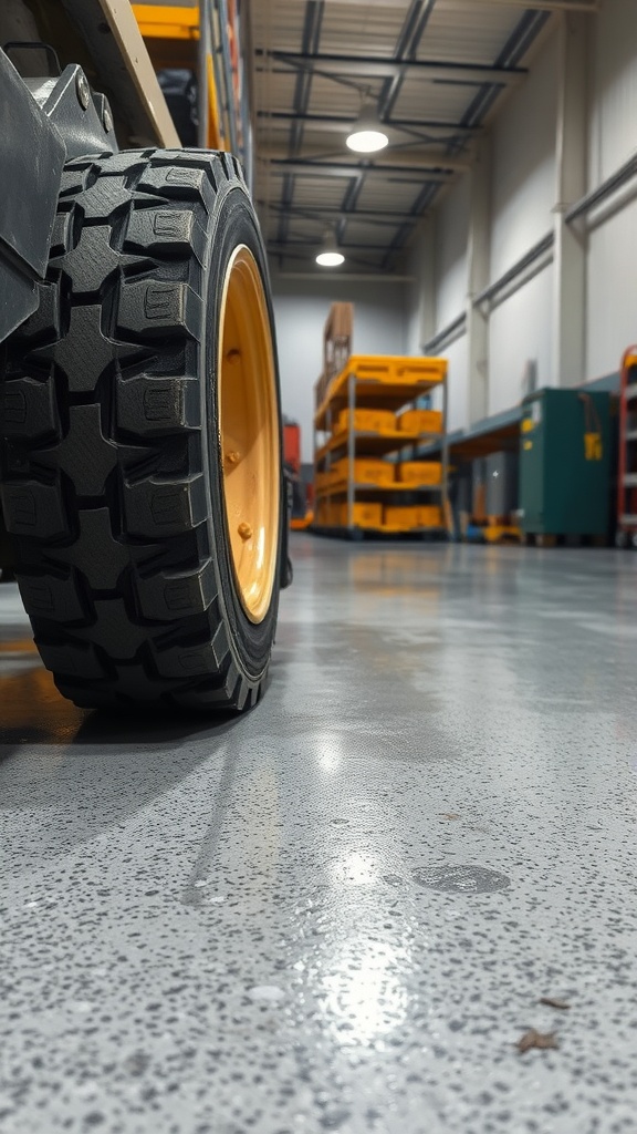Close-up view of a tire on a shiny epoxy garage floor, highlighting its durability.