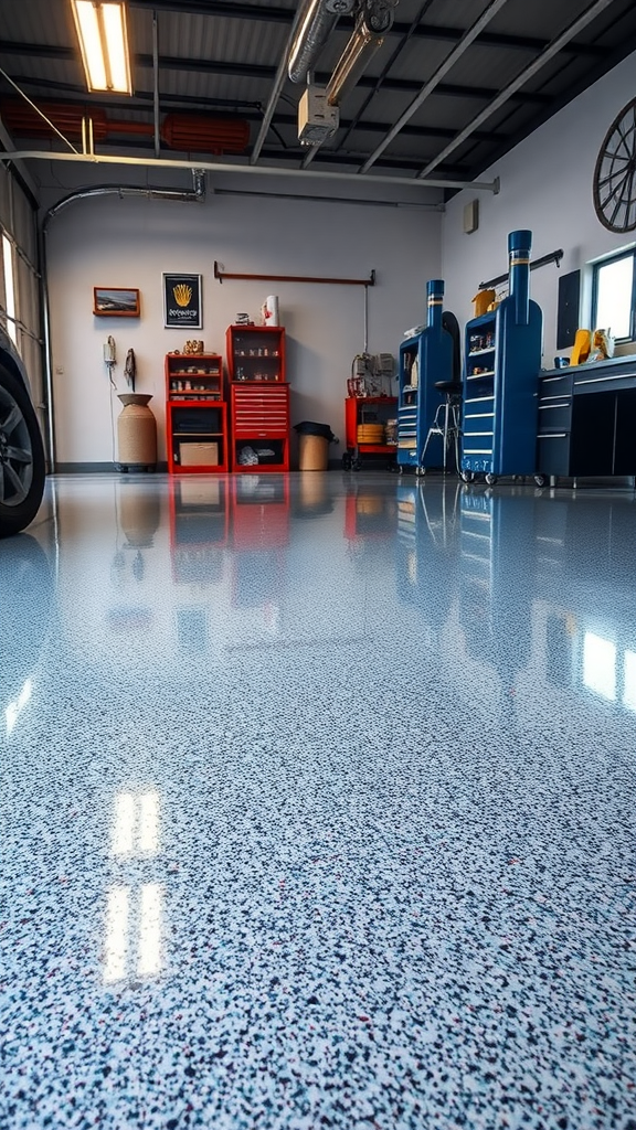 A close-up of a metallic epoxy floor with a tool resting on it, showcasing its glossy finish and durability.