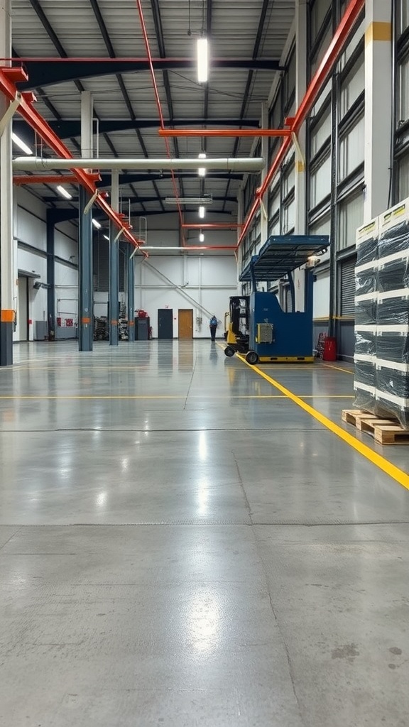 Industrial warehouse with epoxy floor and forklift.