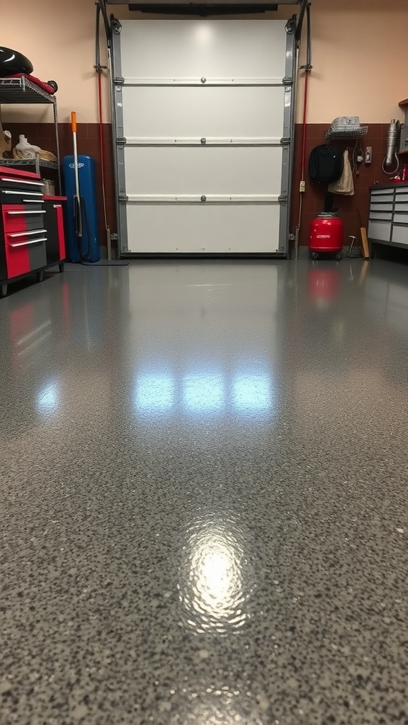 A shiny epoxy floor in a garage with a closed garage door and organized storage.