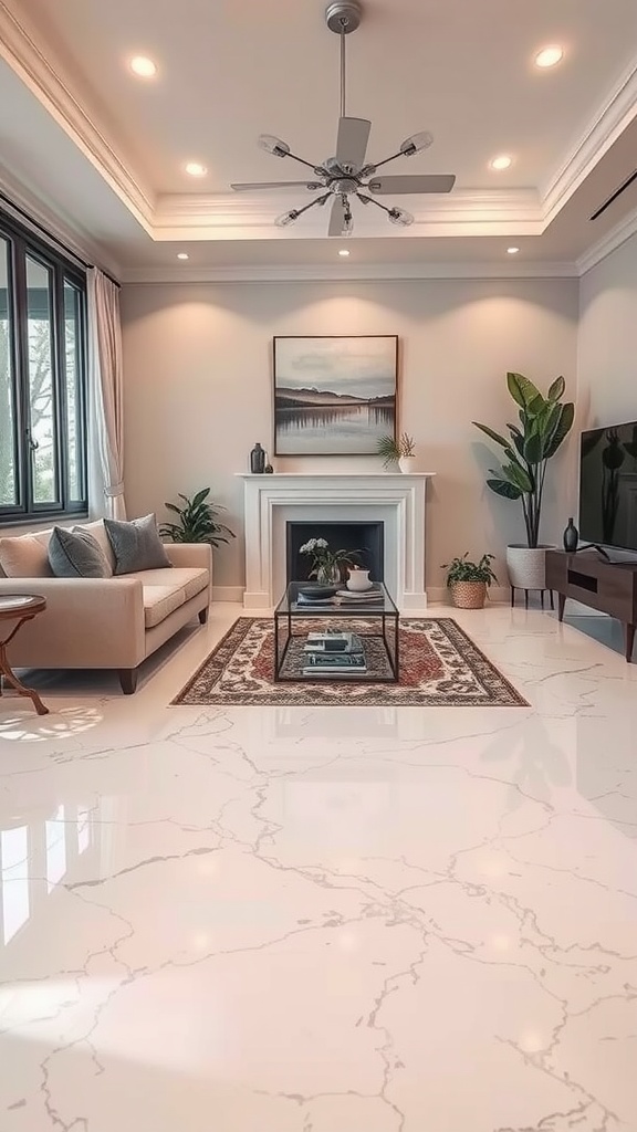 A stylish interior featuring a white marble look metallic epoxy floor with a classic fireplace.