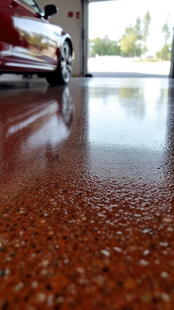 A shiny epoxy floor in a garage with a red car parked beside it.