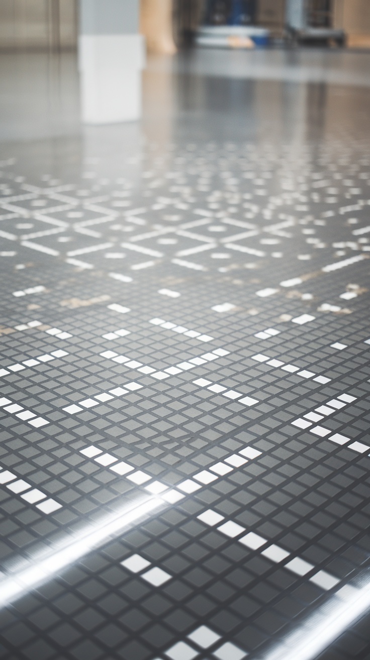 A close-up view of a modern epoxy floor with a geometric pattern.