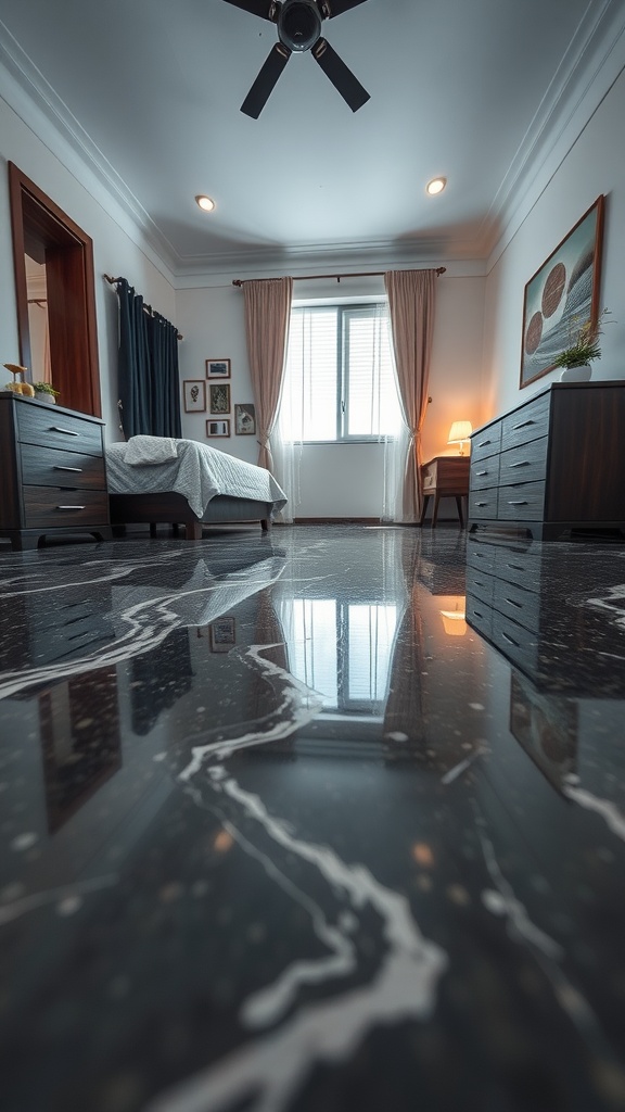 A modern bedroom with reflective epoxy flooring, showcasing the elegance and durability of epoxy surfaces.