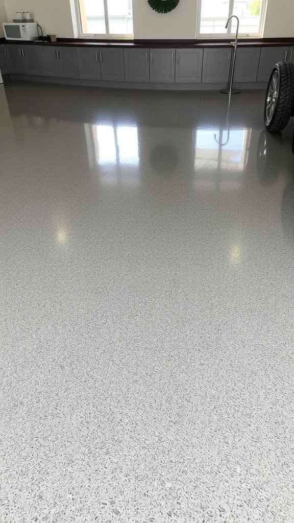 A modern bathroom featuring luxurious metallic epoxy flooring with a glossy finish.