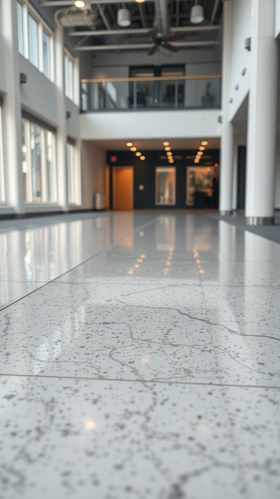 A sleek and polished epoxy floor in a modern interior space, reflecting light and showcasing durability.