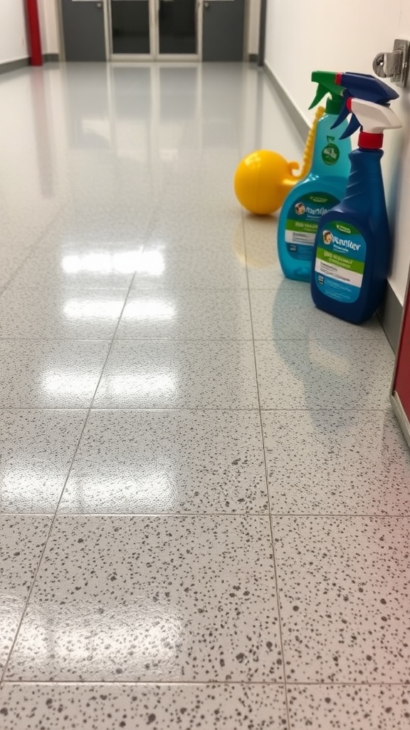 A clean, shiny epoxy floor with cleaning products nearby