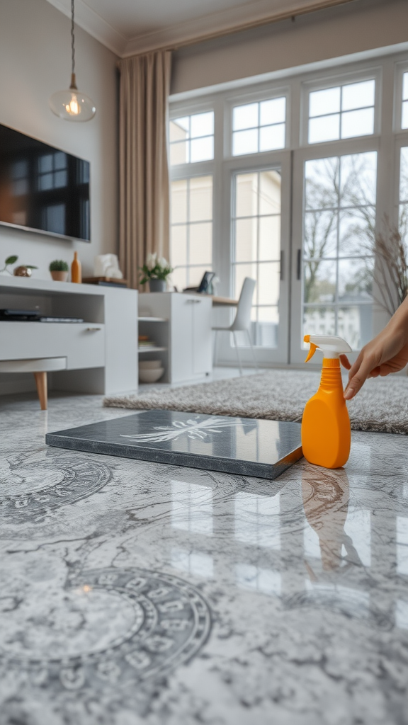 A modern living room with glossy epoxy flooring, large windows, and stylish furniture.