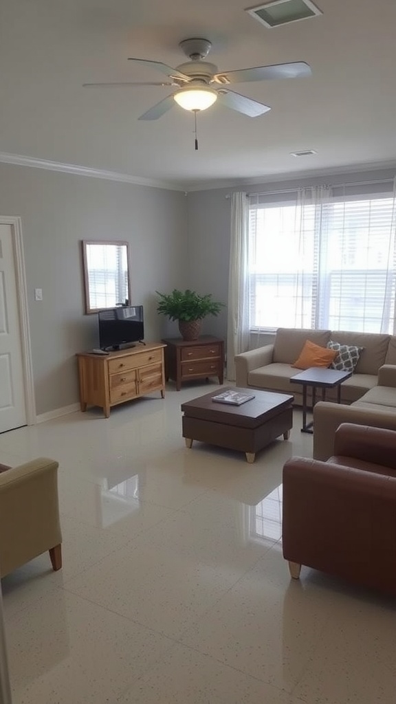 A bright bedroom featuring an epoxy floor with intricate patterns and colors