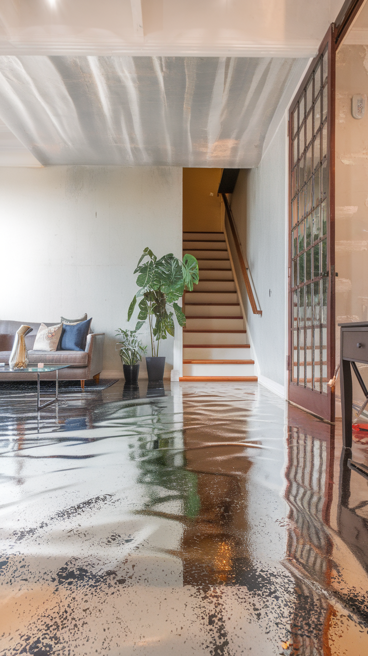 A stylish living space with metallic epoxy flooring, showcasing a unique design and reflection.